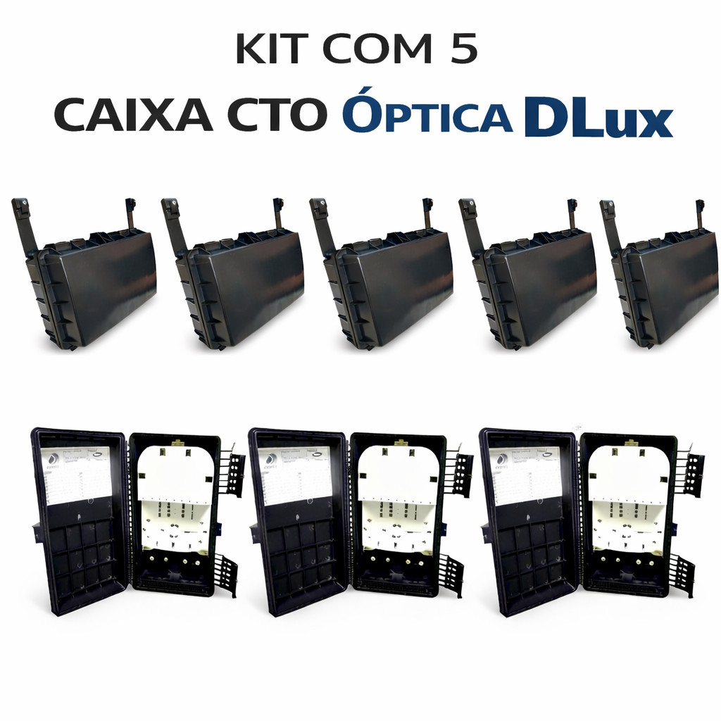 KIT 5 Caixa CTO Óptica DLux 16 Portas com Cordoalha IP65 FTTH FTTX Splitter 1x8 1x16