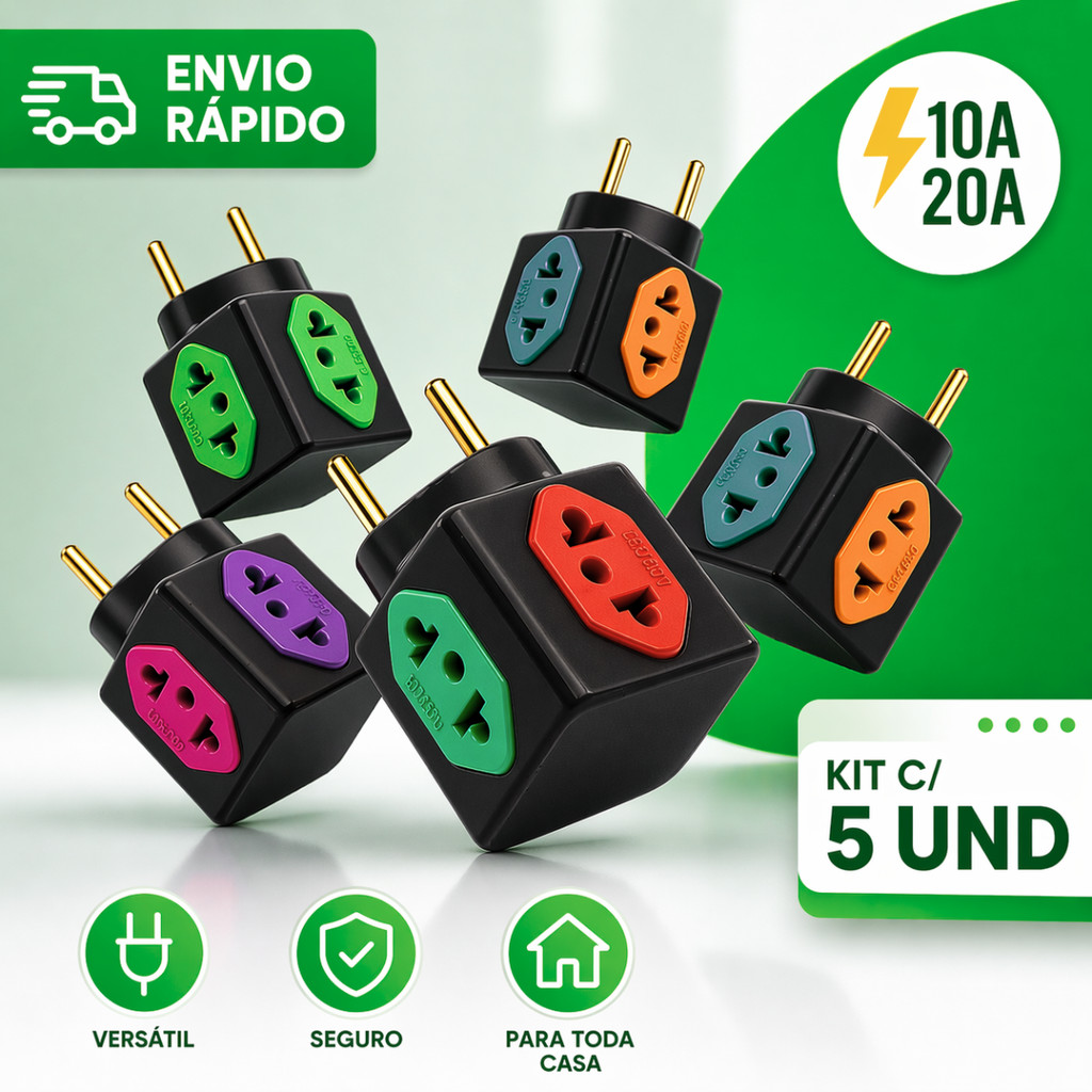 Adaptador de Tomada Benjamim Cubo 4 Tomadas Pino Maciço Resistente 10A/20A