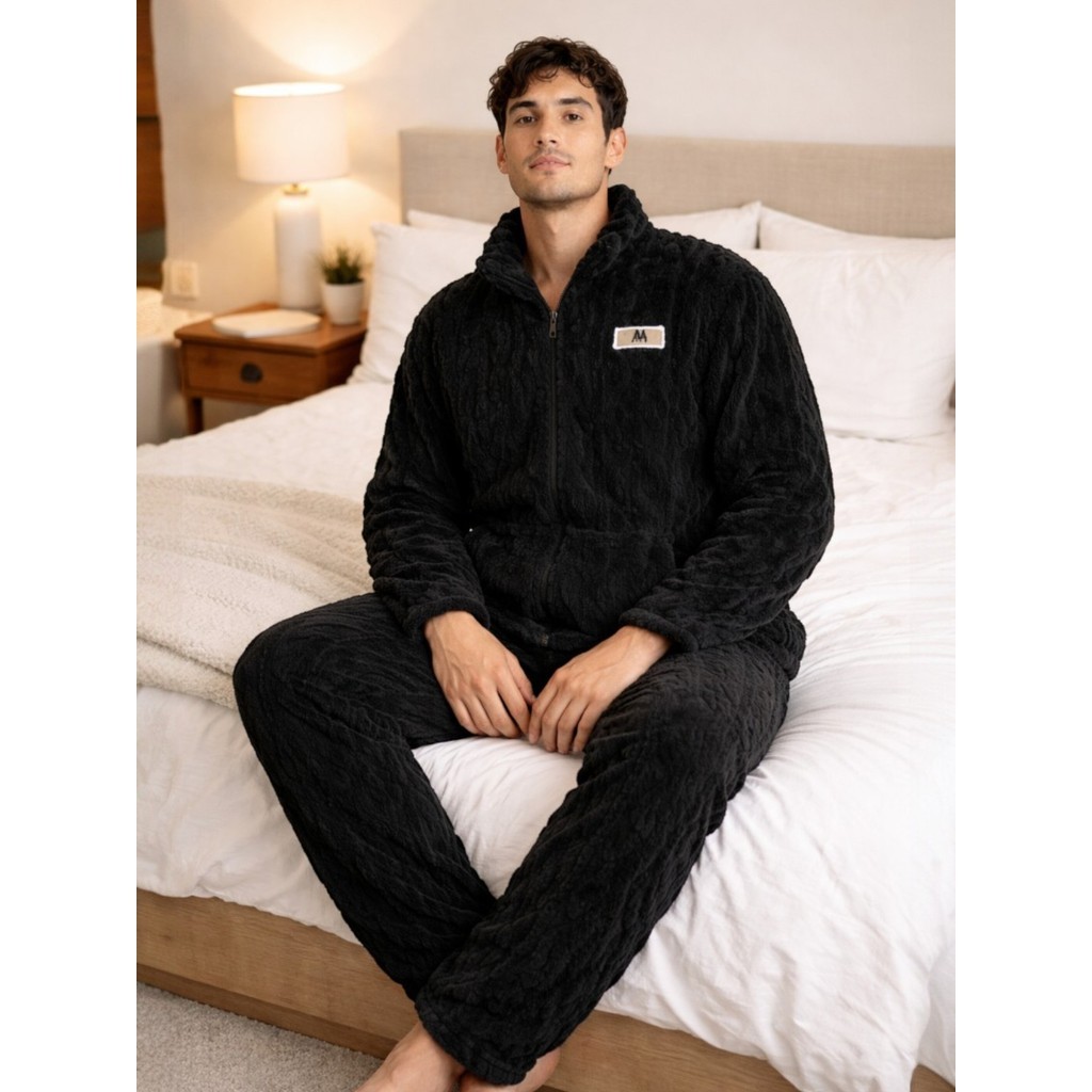 Conjunto Pijama Masculino Premium Plush Peluciado Inverno Blusa com Zíper e Calça Moda Masculina Luxo Conforto Térmico