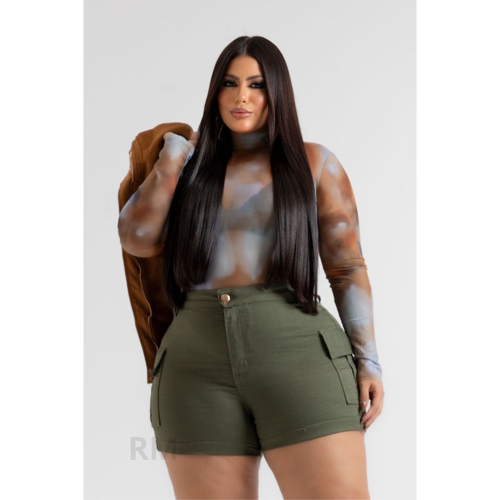 SHORT JEANS FEMININO CARGO PLUS SIZE C/ LYCRA CINTURA ALTA ( VERDE MILITAR ) JEANS FEMININO