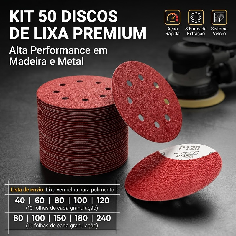 Lixa Disco 5 Pol 8 Furos Com Velcro Kit 50 Unidades Alumina P/ Lixadeira Orbital Madeira Metal Automotivo