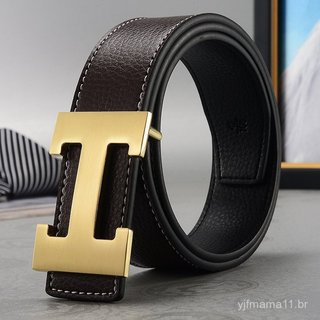 Novo cinto masculino com padrão de lichia, fivela lisa em formato de H, moderno e casual, versátil, adequado para jovens