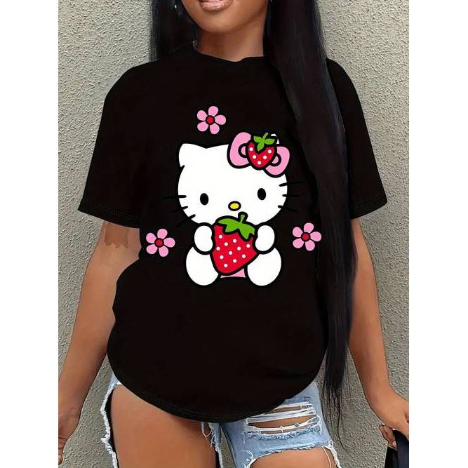 「BR.Moonlight」Camiseta Hello Kitty Morango Oficial Lisa Confortável Fofa Divertida Moda Feminina Casual