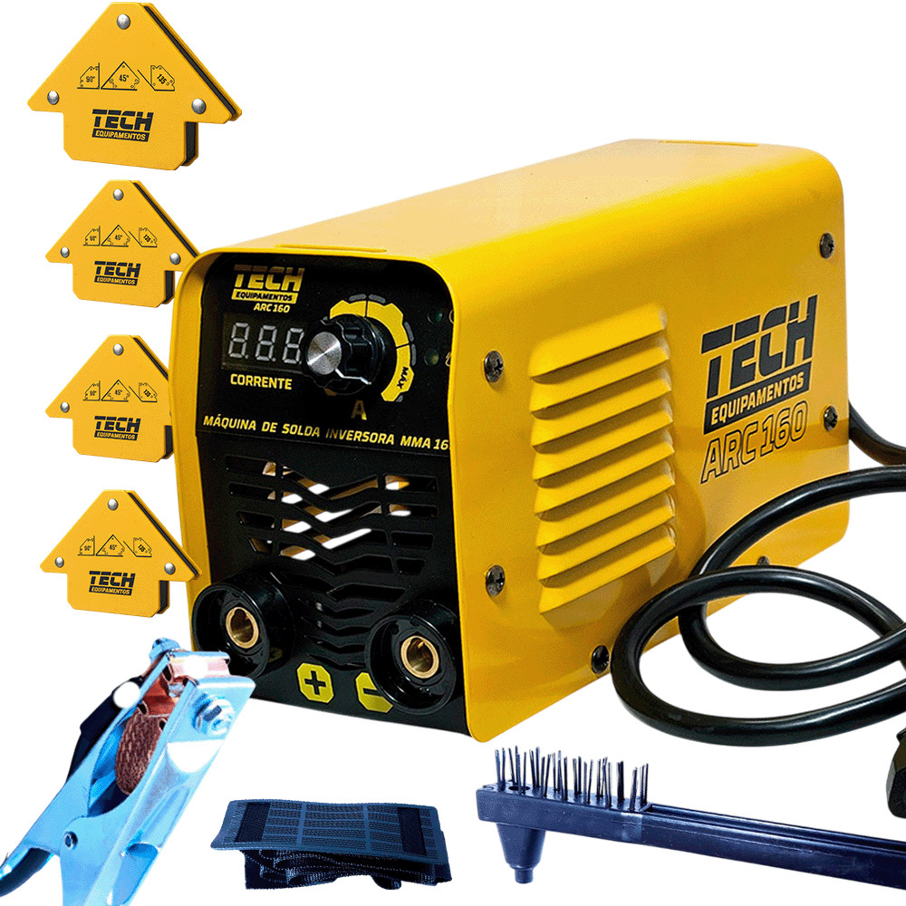Kit Solda ARC 160 TECH 220V com 4 Esquadros Magnéticos 12kg Porta Eletrodo Garra Máscara