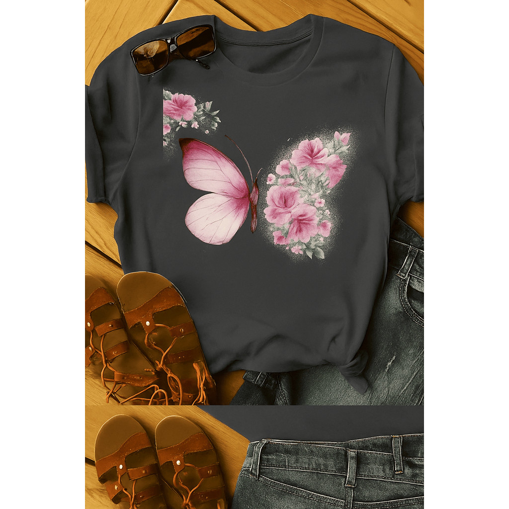 Tshirt Feminina Borboleta Pink Estilosa Estampada Lançamento Camiseta 100% Algodão Camisetão Camisa - Estampaê
