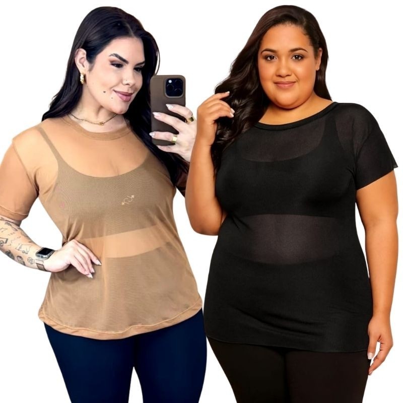 Blusa De Academia Plus Size Kit 2 camisa ou 1 unidade feminina de tule treino moda fitness em Oferta na Shopee