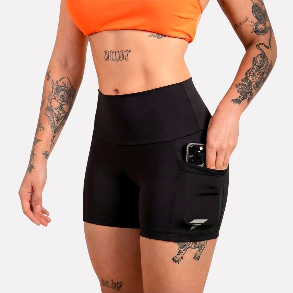 Short Academia Feminino com Bolso Corrida Compressão Legging Bermuda Treino Cintura Alta Fitnes