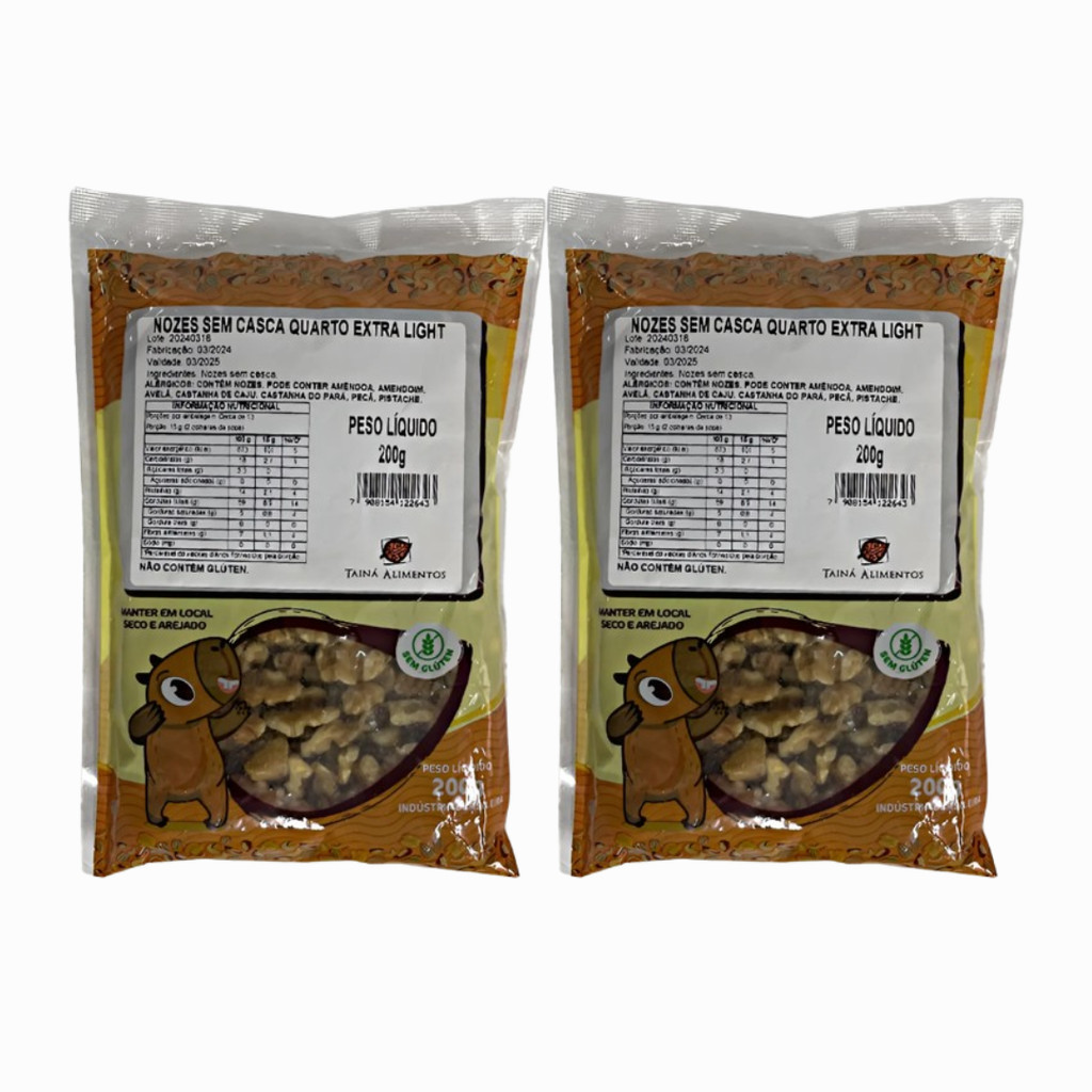 Kit 2 Nozes Mariposa Inteira S/Casca S/Glúten Extra Light Tainá Alimentos 400g