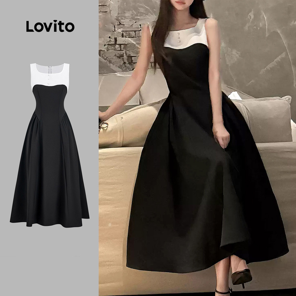 Lovito Vestido Elegante Colorblock Primavera/verão Preto e Branco para Mulheres L165ED1541 em Oferta na Shopee