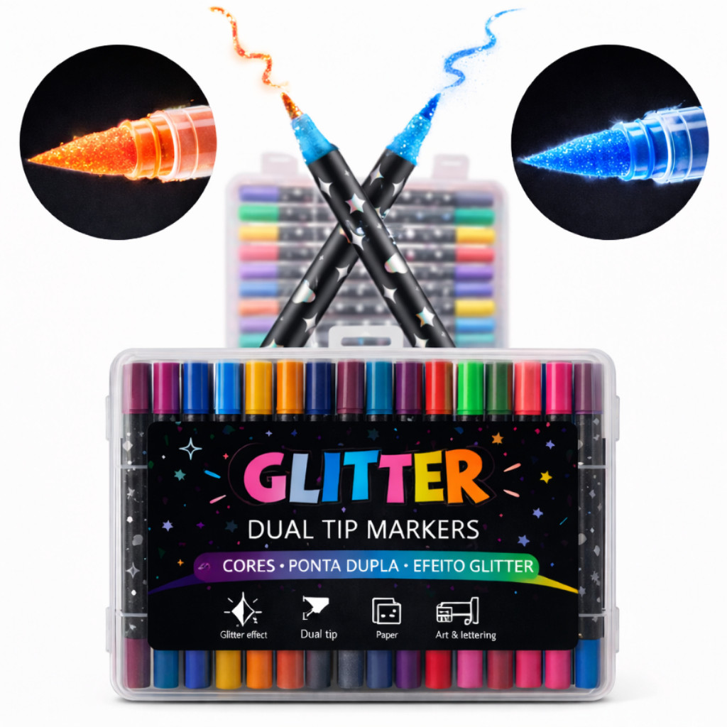 Caneta Marcadora Acrílica Glitter Metalizada Ponta Dupla para Colorir Brilhante 12/24/36/48/72 Cores em Oferta na Shopee