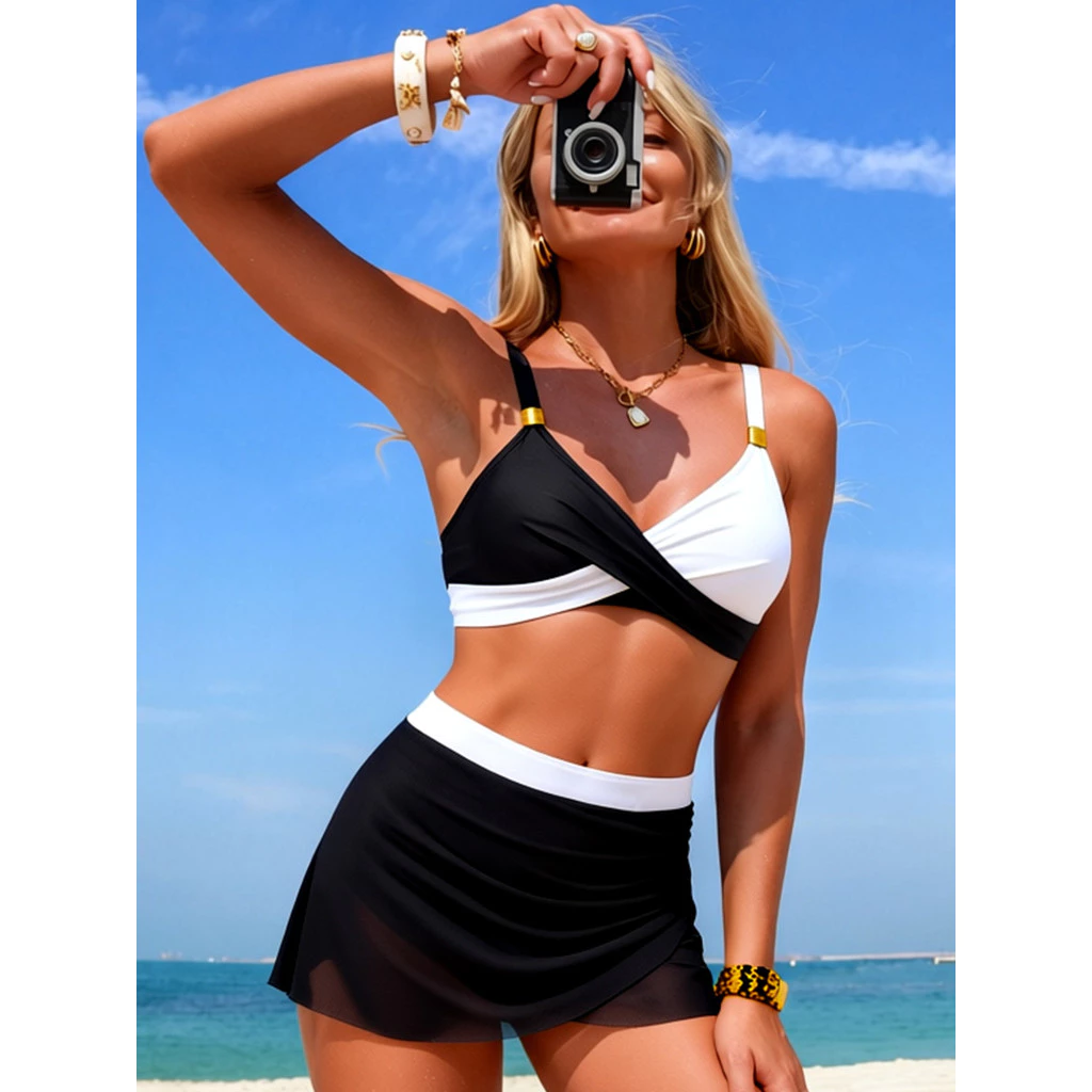 Bikini Feminino Conjunto-Decote V Cruzado Saia Malha, Bojo Ajustado Cintura Alta, Multicores Modelador, Esportivo Praia — imagem 1