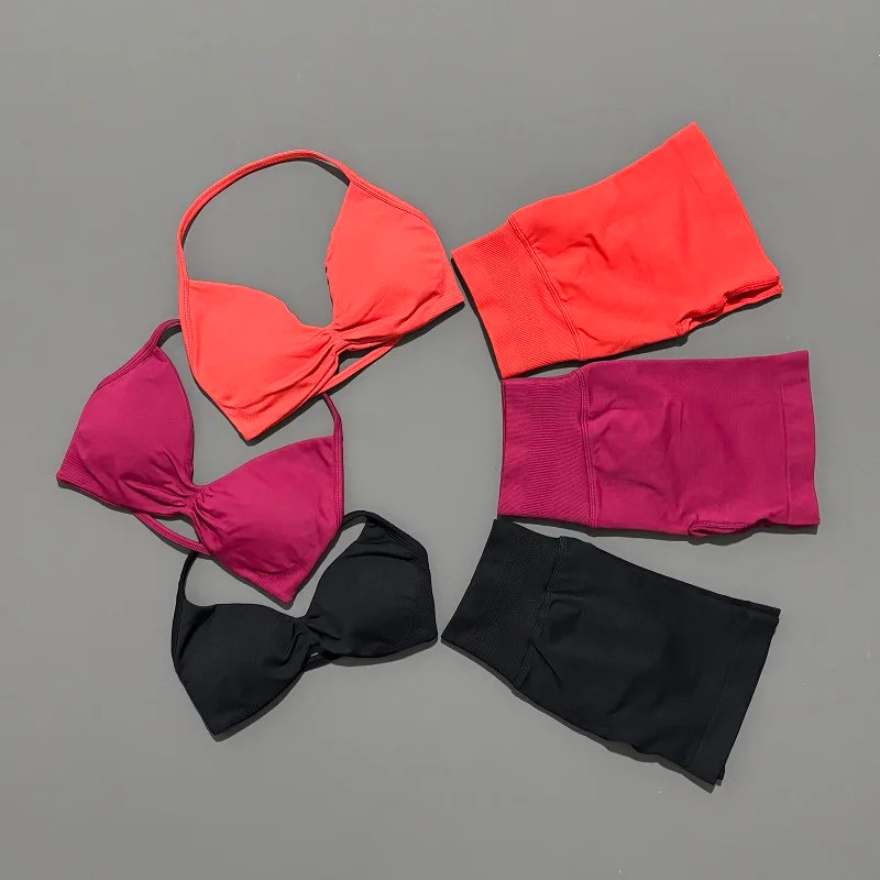 Senhoras sem costura com cintura V magro pêssego nádegas yoga Shorts conjunto de 2 peças/à prova de choque correndo suti — imagem 2 de 2