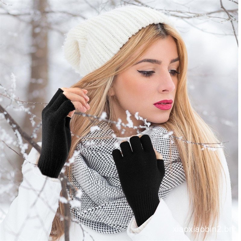 Chique Masculino Preto Malha Estiramento Elástico Quente Meio Dedo Luvas Sem Dedos Inverno