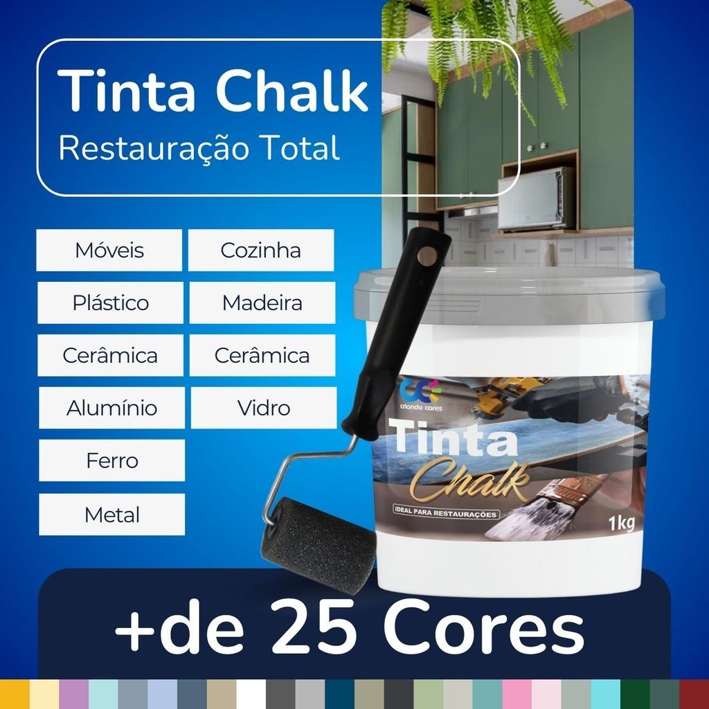 Tinta para Chalk 1Kg Premium + ROLINHO de 5cm VÁRIAS CORES Restauração Decoração Universal em Madeira PVC Metal Plástico