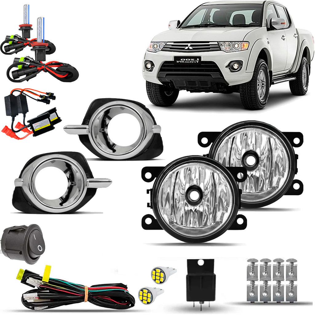 Kit Farol Milha Neblina Auxiliar Farolete Cibie Completo Triton L200 2014 15 16 Moldura Cromo Com Xenon  h8 8000K