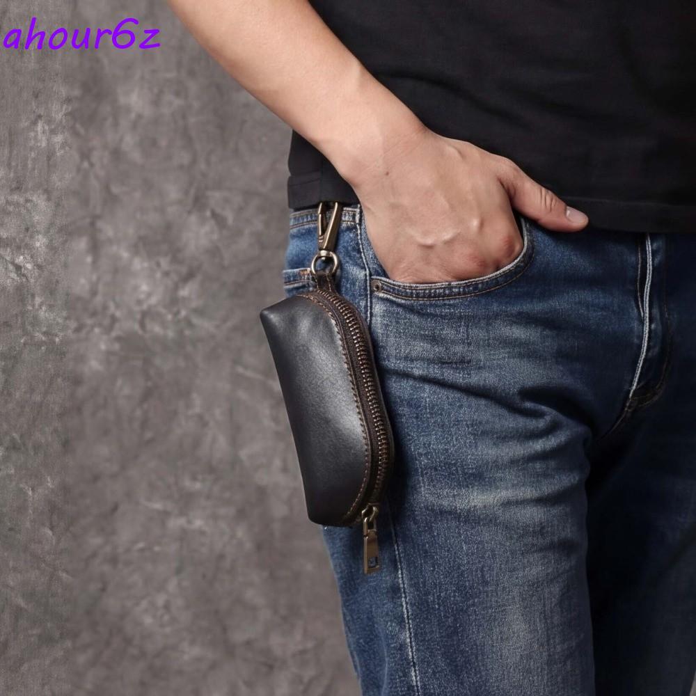Bolsa De Chaveiro Masculina AHOURZ , Mini Moedas De Couro Fina Anti-Perda , Dinheiro Retrô Para Chave De Carro De Cor Só