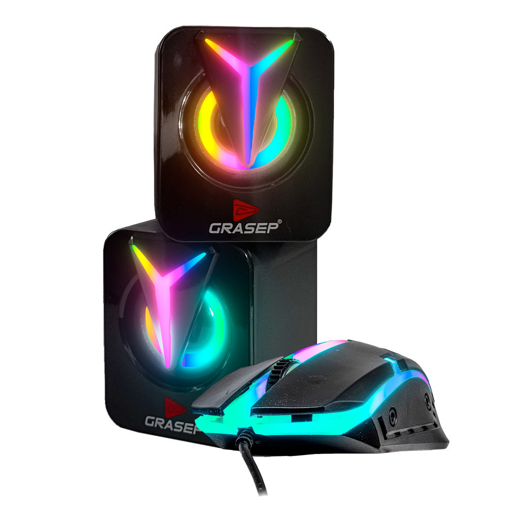 Caixa De Som Alta Volume Ajustável Gamer Com Led Rgb + Mouse Profissional Com Iluminação Chroma USB