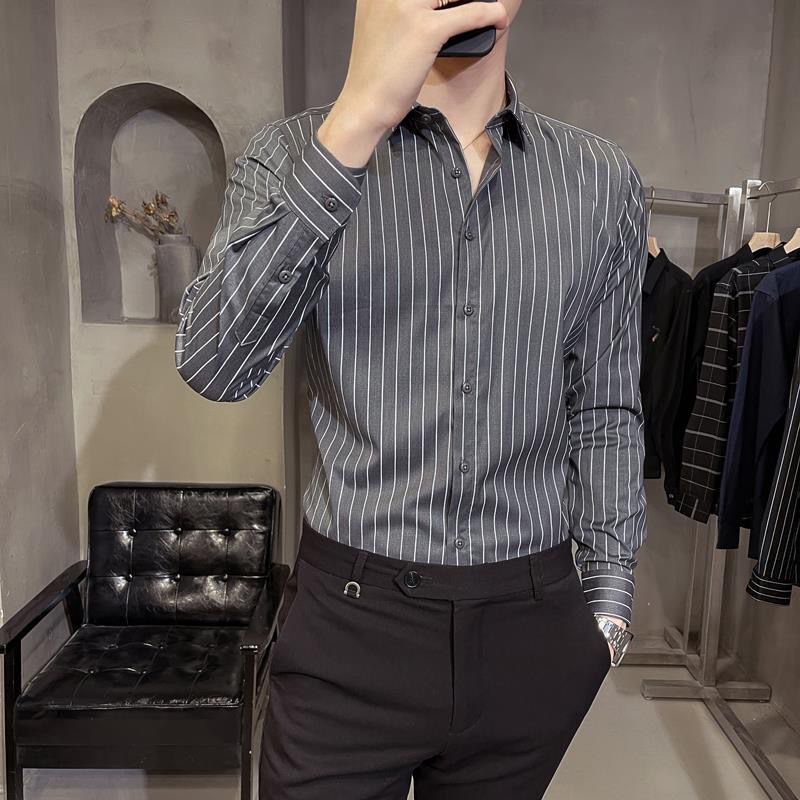 Primavera verão masculino Wear não-ferro listrado camisa de manga comprida versão coreana na moda bonito All-match camis