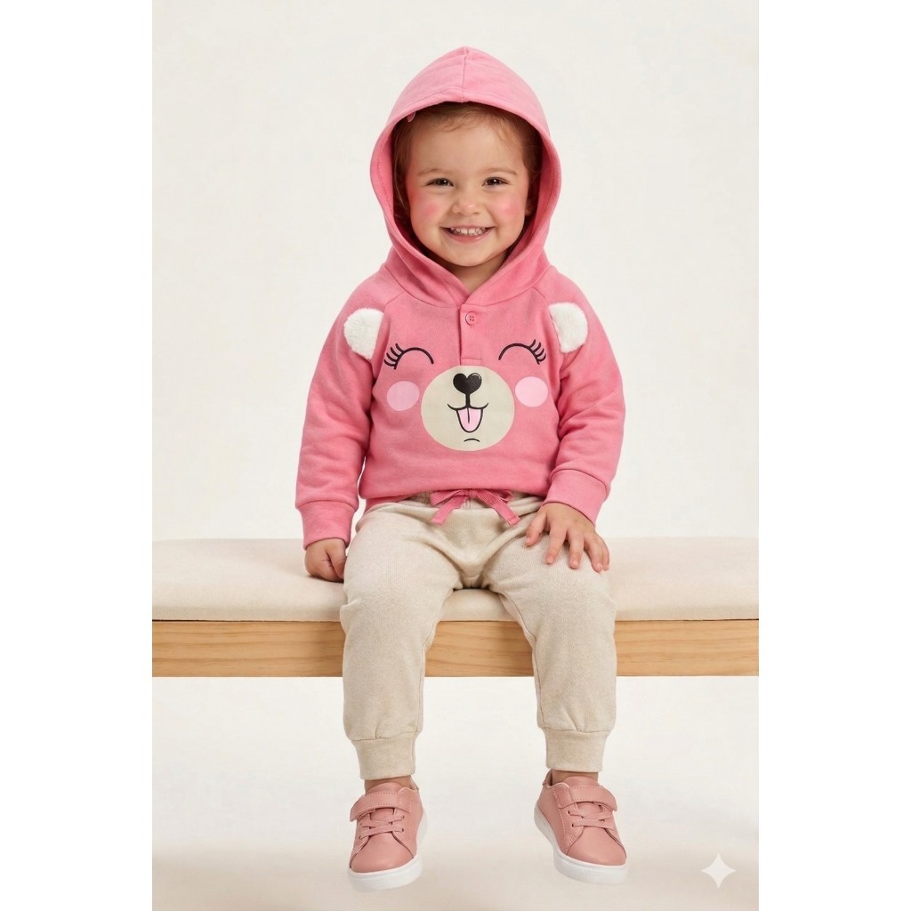 Conjunto Infantil Menina Moletom Peluciado Com Capuz Ursa Feliz