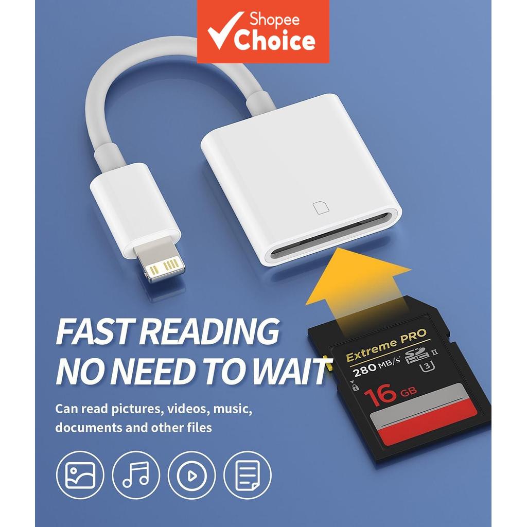 Adaptador OTG Leitor de Cartão SD para iPhone Pro Max, Laptop, Câmera