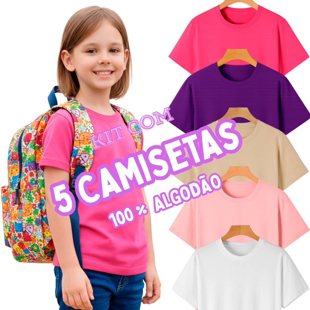 Kit com 5 peças de Camisetas Infantojuvenil para Meninas Moda Blogueirinha Camisetas Básica Estilosa 2026 Trends