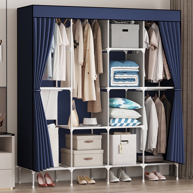 Guarda-roupa de pano simples, tubo de aço, zíper reforçado, totalmente fechado, dormitório único, guarda-roupa não tecid