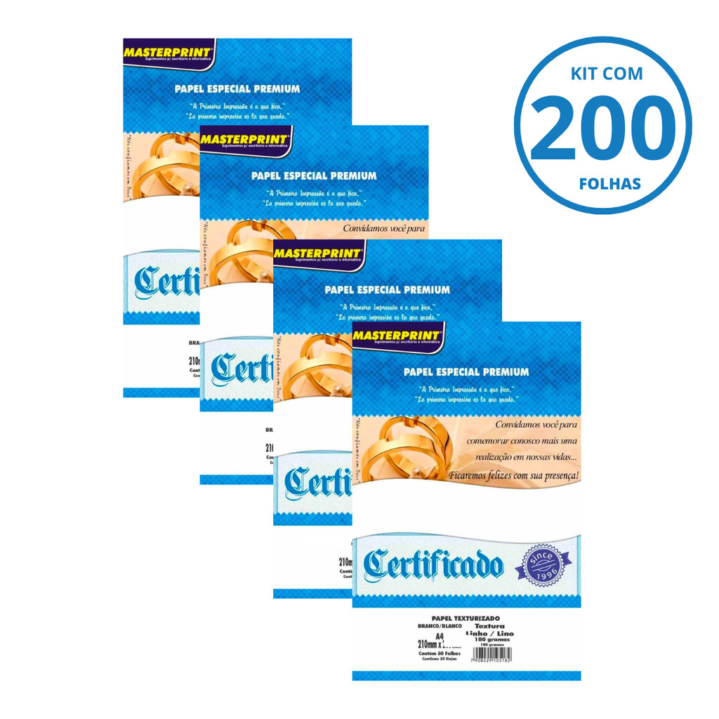 Kit Papel Branco Premium Linho 180g A4 - MASTERPRINT Kit:Com 200