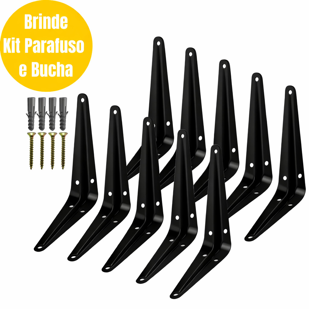 Kit 2 / 20 Suportes Mão Francesa Preta 15 X 20cm Prateleira Tábua Cantoneira Reforçada Preta BP