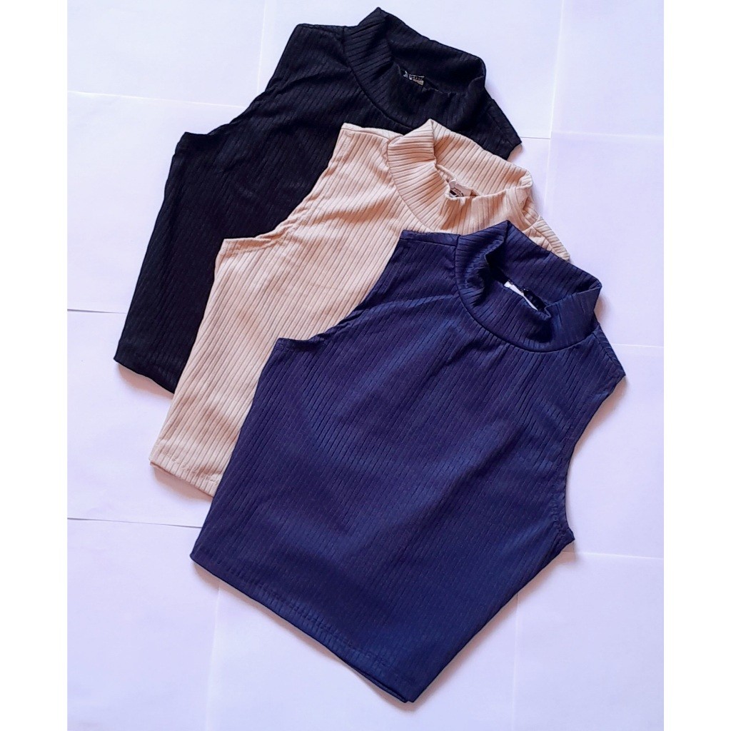 Kit 3 Cropped Gola Alta Feminino Malha Canelada