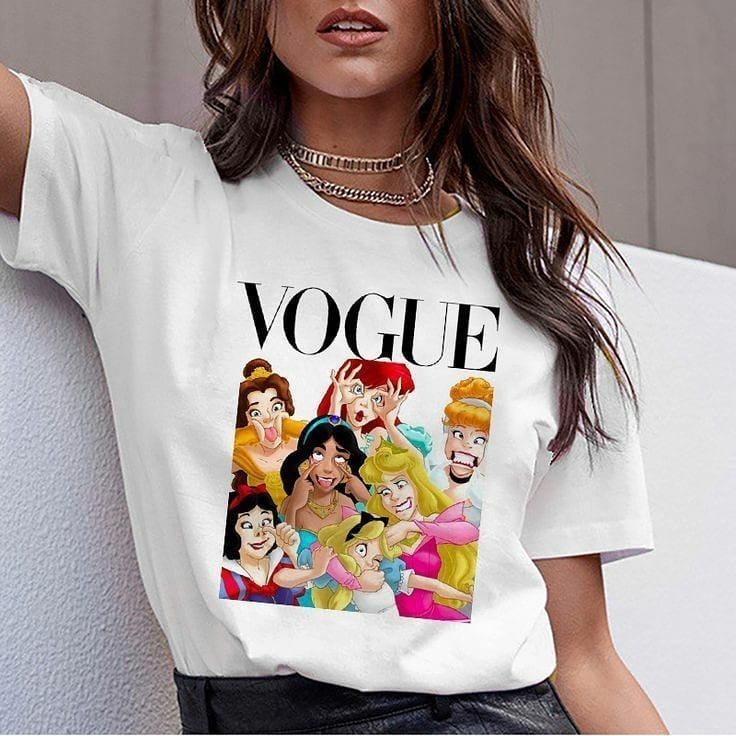 Camiseta Feminina Blusa Básica Capa Vogue Princesas Personagens Desenho Academia Moda Atual