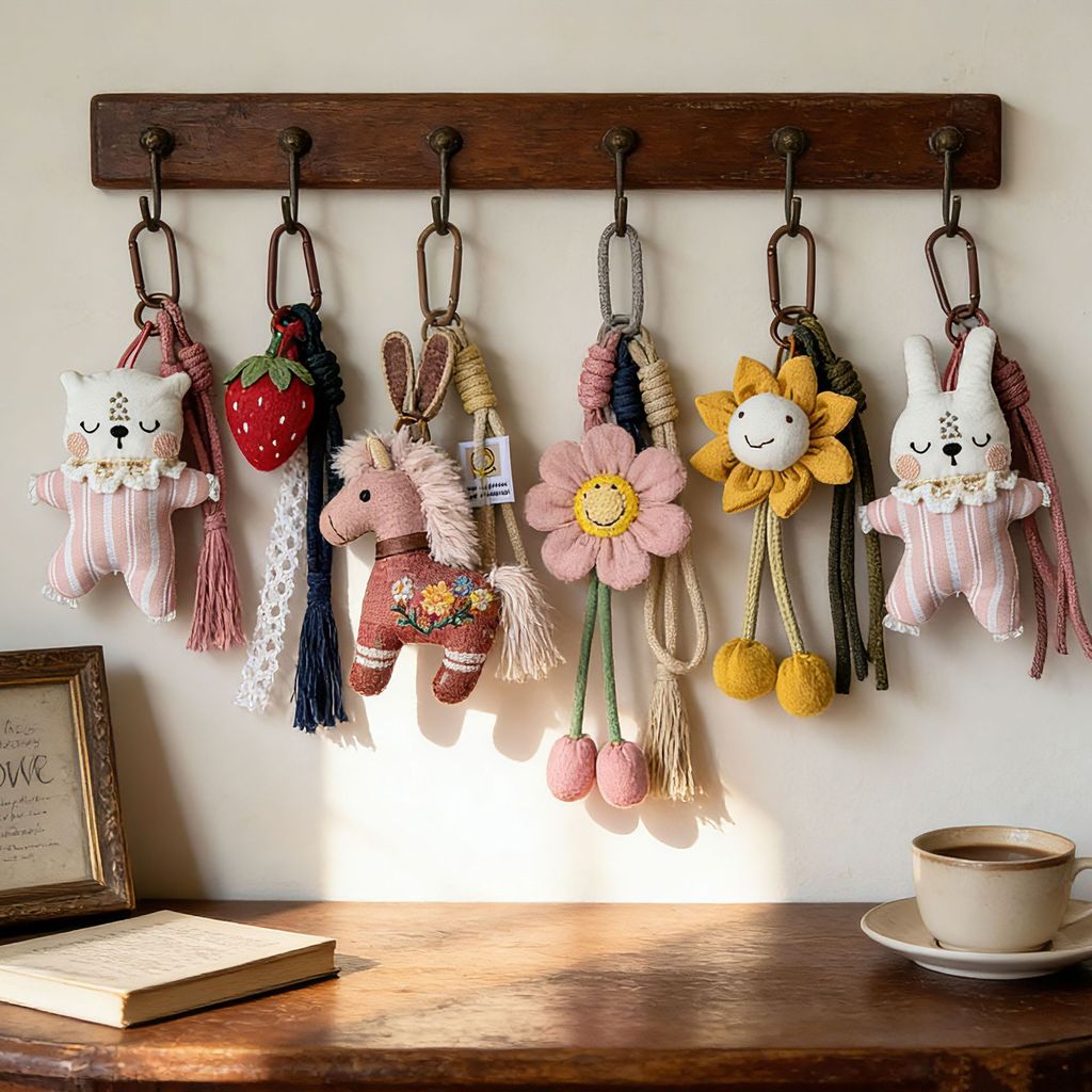 Chaveiro de Bolsa Vintage Flor 3D de Tecido, Pingente Boneca Desenho Animado Estilo Mori Fofo 🌸🧸
