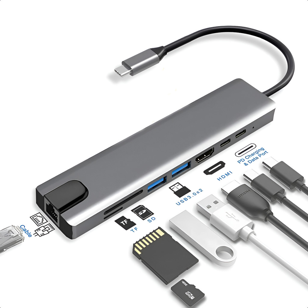 Adaptador Hub 8 em 1 USB-C HDMI 4K VGA RJ45 SD/TF 2 USB 3.0 PD 100W Para MacBook, Windows Chromebook Notebook Tablet