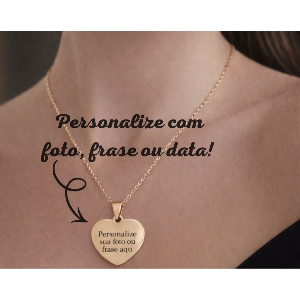 Colar Coração em Aço Banhado a Ouro Rose 18K Personalizado a Laser com Fotogravação, Frase. Simbolo, Data e Iniciais