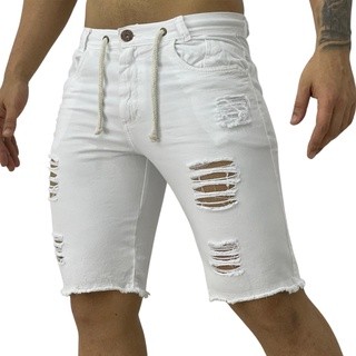 Bermuda Jeans Masculina Branca Destroyed com Cordão Edna Moda Íntima e Acessórios
