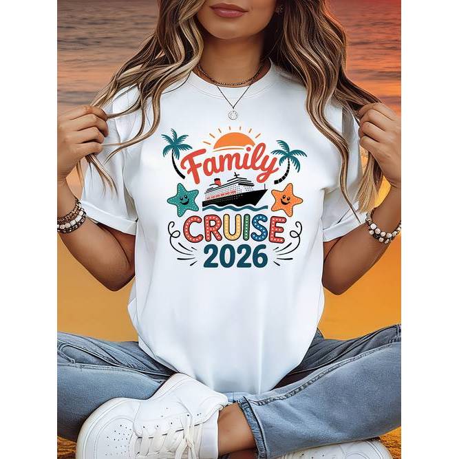 Camiseta Feminina Cruzeiro Família Navio Estrela do Mar Palmeira Slogan Colorida Alegre Confortável Estilosa Férias