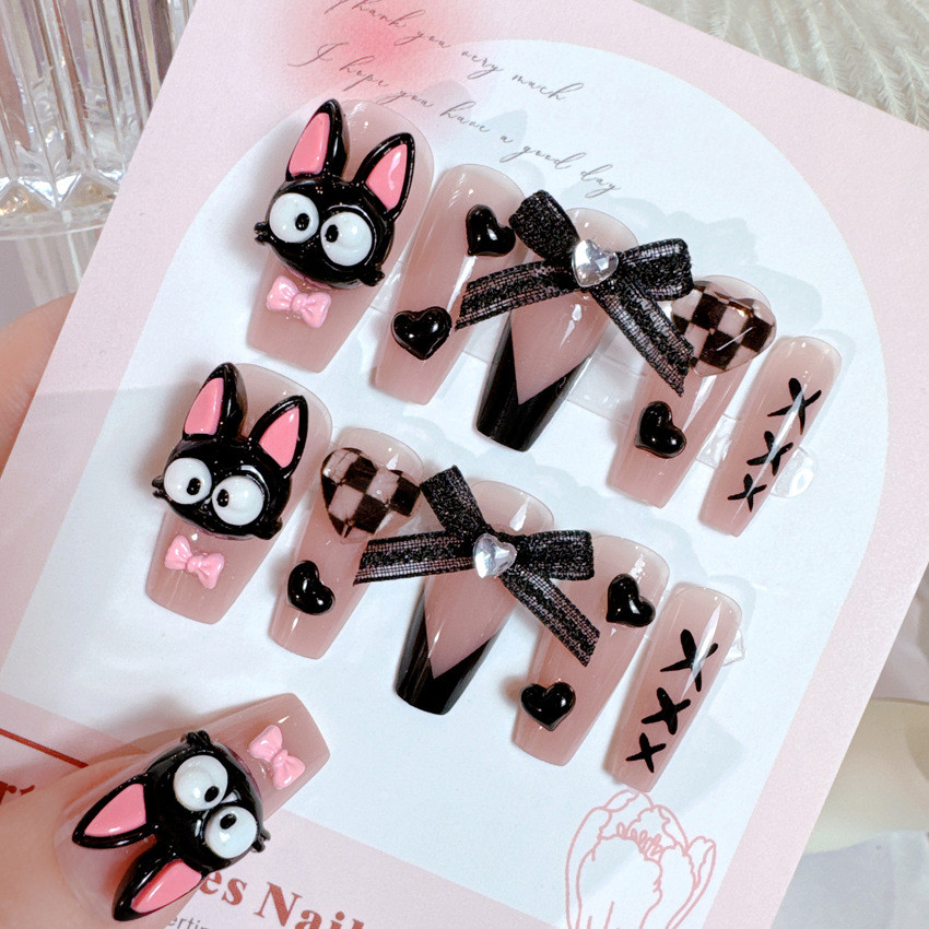 Little Wildcat usando unhas gato preto bonito pedaço de unha arco destacável unhas falsas Manicure adesivos