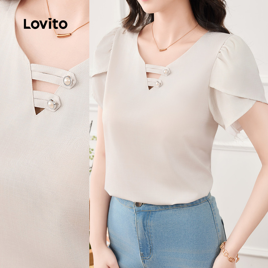 Lovito Blusa Casual com Botões Primavera/verão Blusa Khaki para Mulheres L165AD856 em Oferta na Shopee