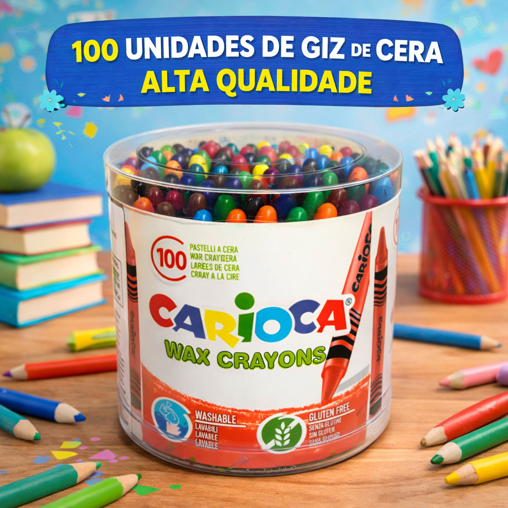 Giz Lápis de Cera Escolar Carioca Pote com 100 Gizes Wax Crayons Atóxico para Desenho Arte Infantil em Oferta na Shopee