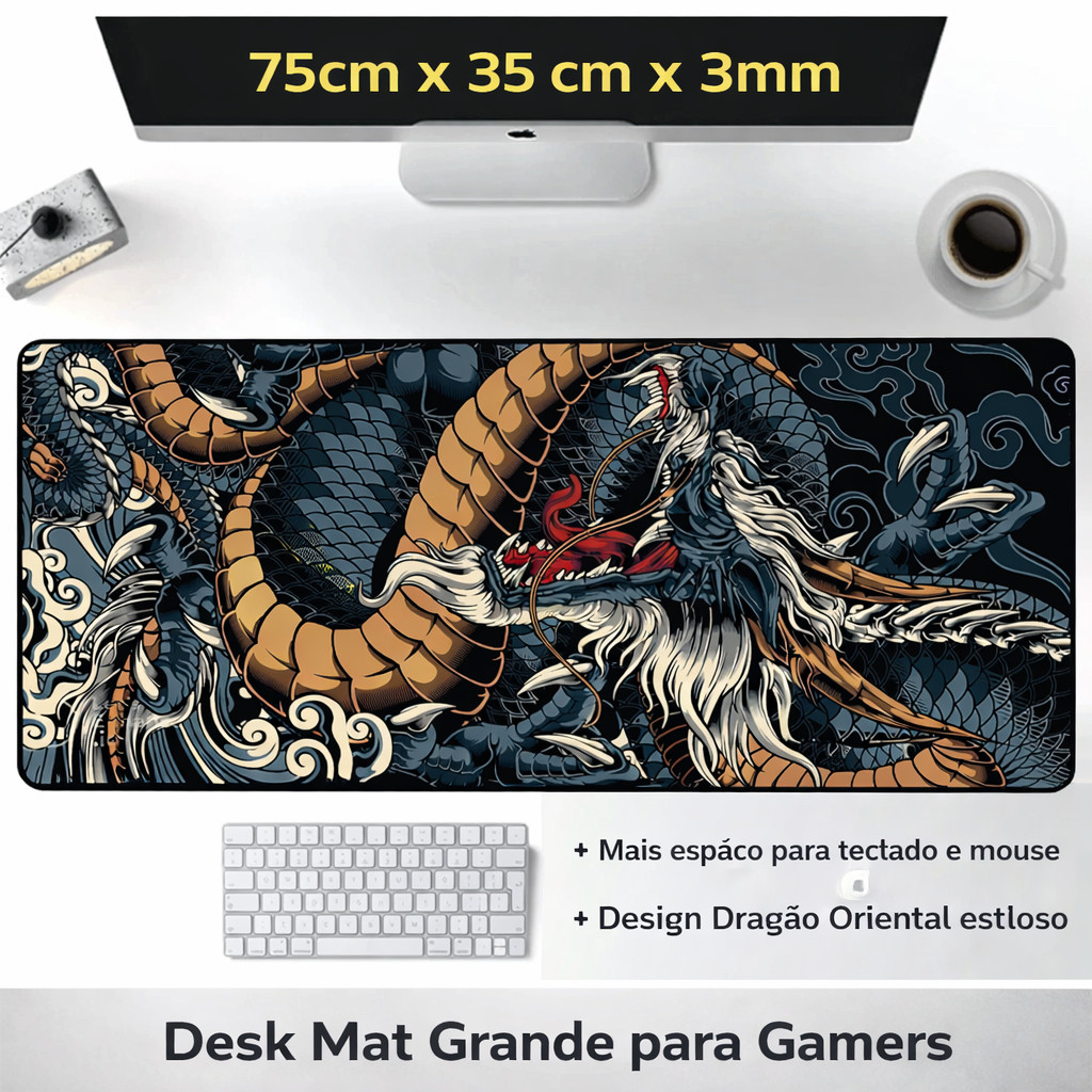 Mouse Pad Gamer Grande 75x35cm Dragão Antiderrapante Base Borracha Alta Precisão RGB Jogos PC Escritório Mesa XXL