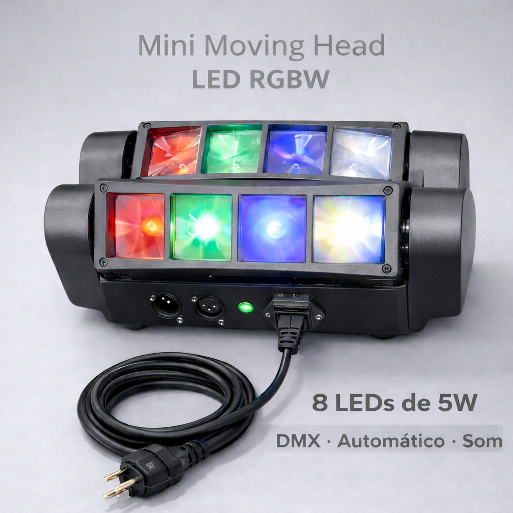 Moving Head Mini Spider LED RGBW 8 Lentes 5W Profissional Bivolt | DMX, Som e Automático
