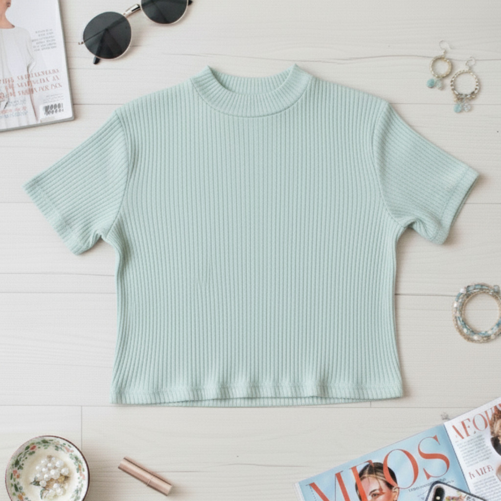 Cropped Canelado Blusa Feminina Manga Curta Gola Media Kit Moda Gringa Casual Slim Baby Tee Blogueira Look Premium Verão