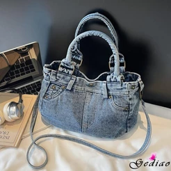 Grande Bolsa De Ombro Jeans Retrô Elegante Com Fecho Magnético Crossbody Para Mulheres