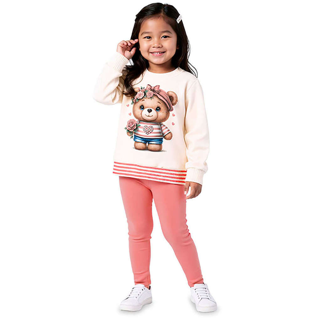 Conjunto Meninas Casaco Off-White Moletom Ursinha e Legging Rosa Kyly