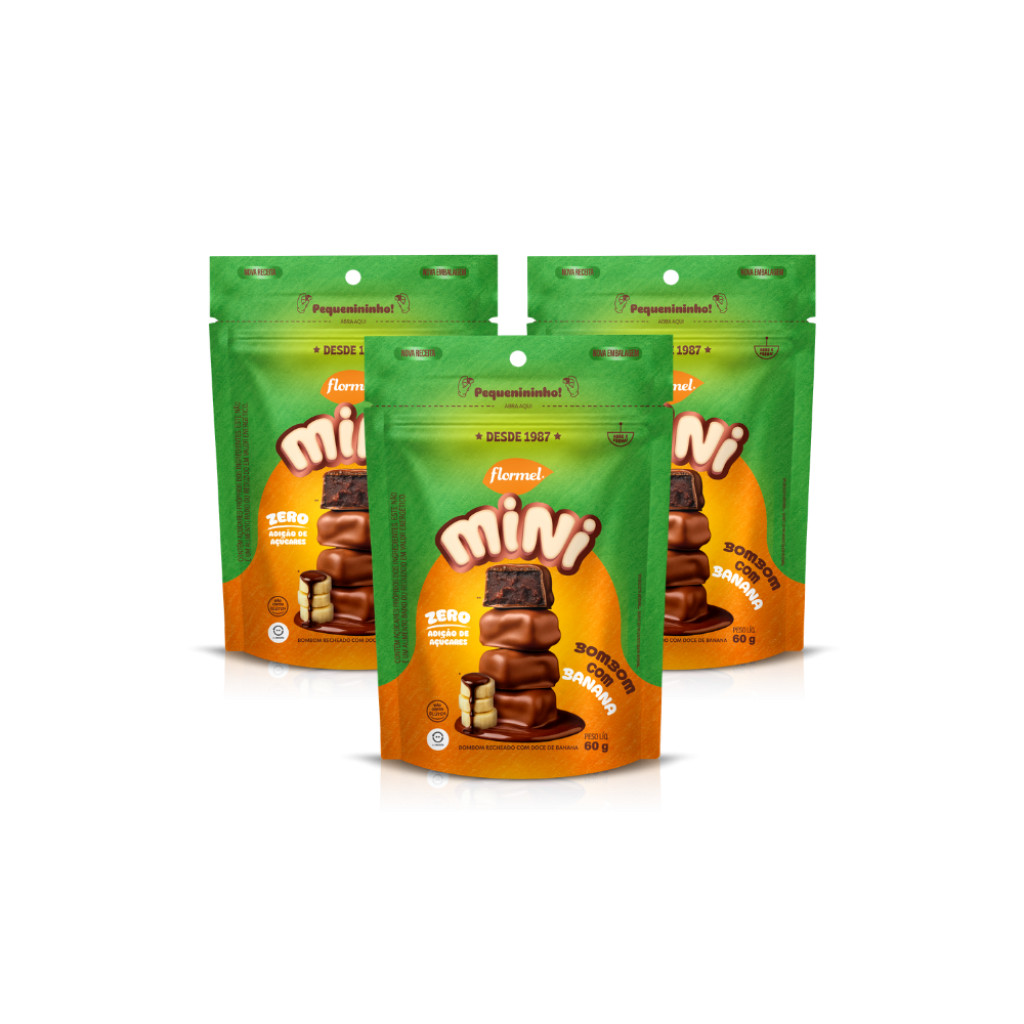 Kit Mini Bombom de Banana Flormel Zero Açúcar 60g com 3 Unidades