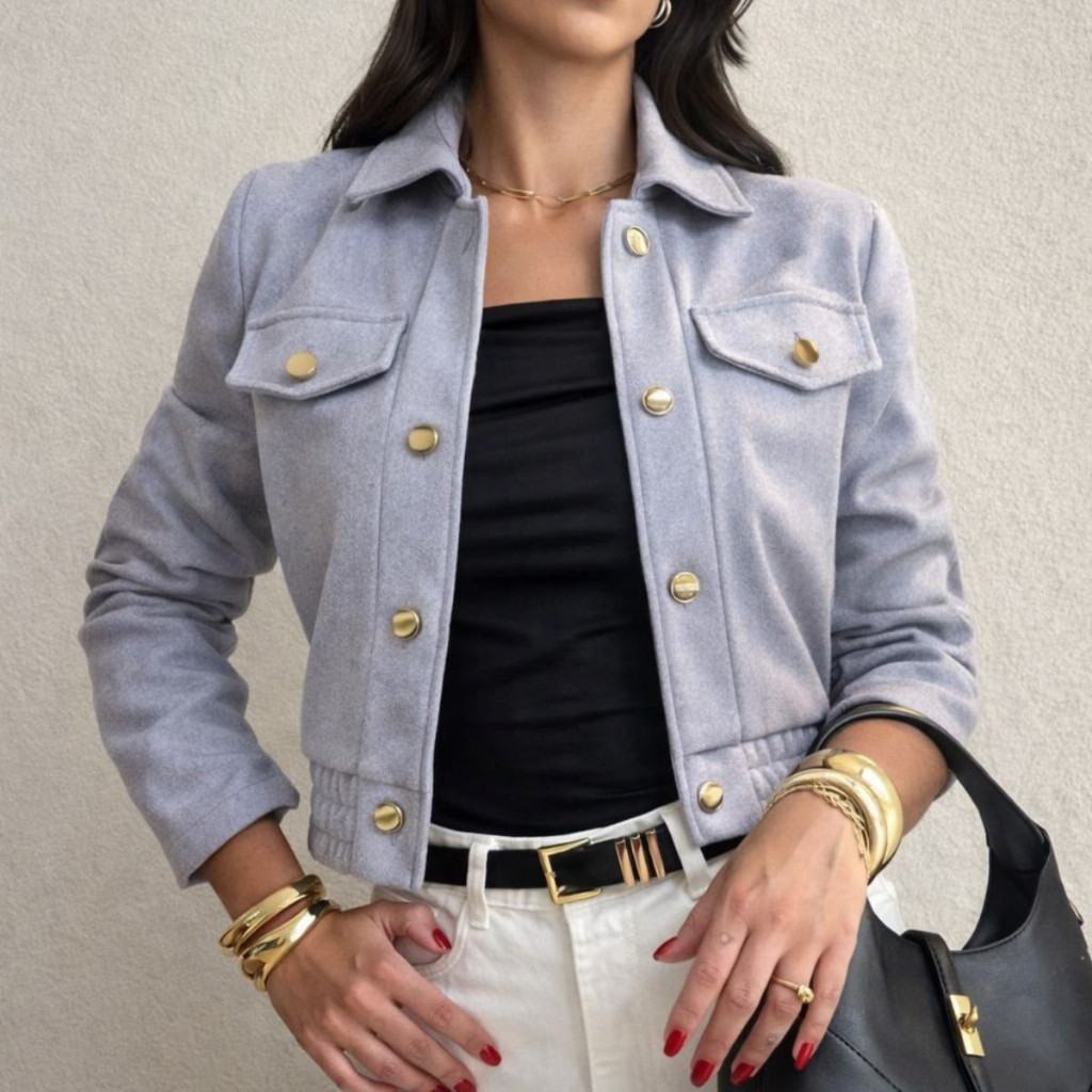 Jaqueta Feminina Lã Batida Bomber Manga Longa com Botões Elegante