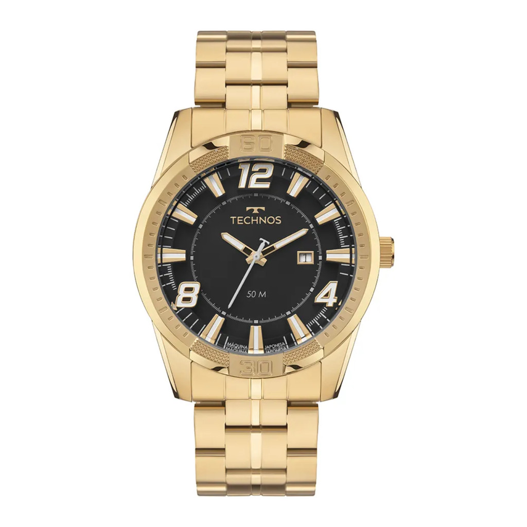 Relógio Pulso Masculino Technos 2115UAB1P Racer Premium Dourado Fundo Preto Analógico Pulseira Aço Aço Prova D'água 50m