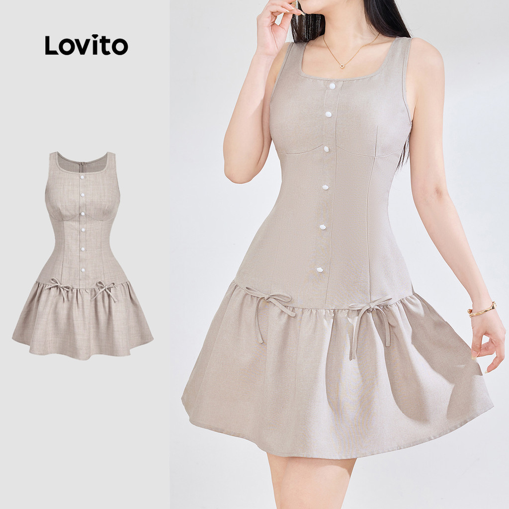 Lovito Casual Vestido Cáqui Claro Amarração Frontal Botões Na Frente E Barra Bab