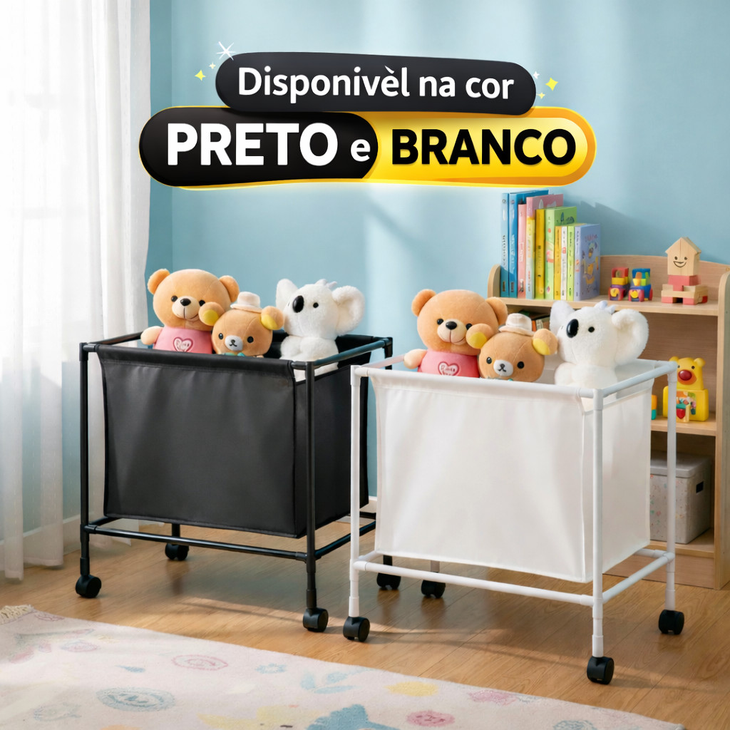 Cesto Organizador com Rodinhas Removíveis Multifuncional Grande Preto Branco com Rodízios 360°
