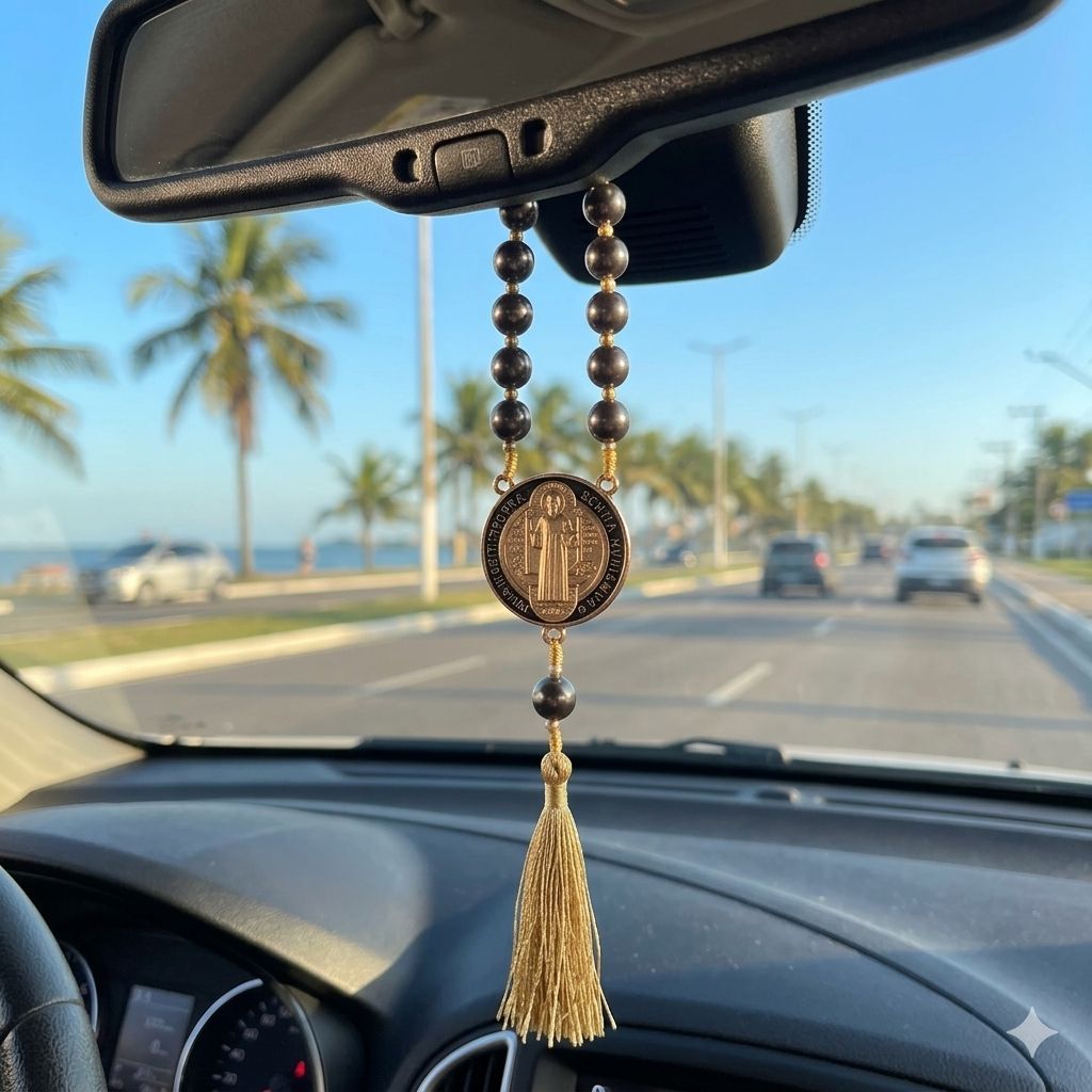 Terço Hematita Dezena Carro Retrovisor Medalha São Bento