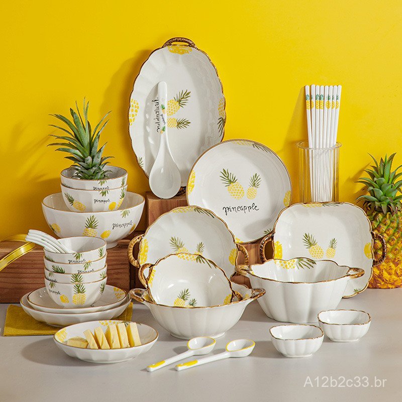 Pratos e utensílios de mesa de cerâmica criativos para uso doméstico, pratos de jantar modernos em formato de abacaxi, p